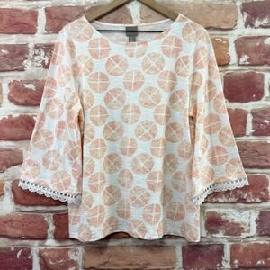 Chicos Top Women's L White Orange Boho Abstract Crochet Sleeve Casual Shirt